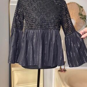 Black bell sleeve top with silver sequins and beading. Size: 2 #glamour